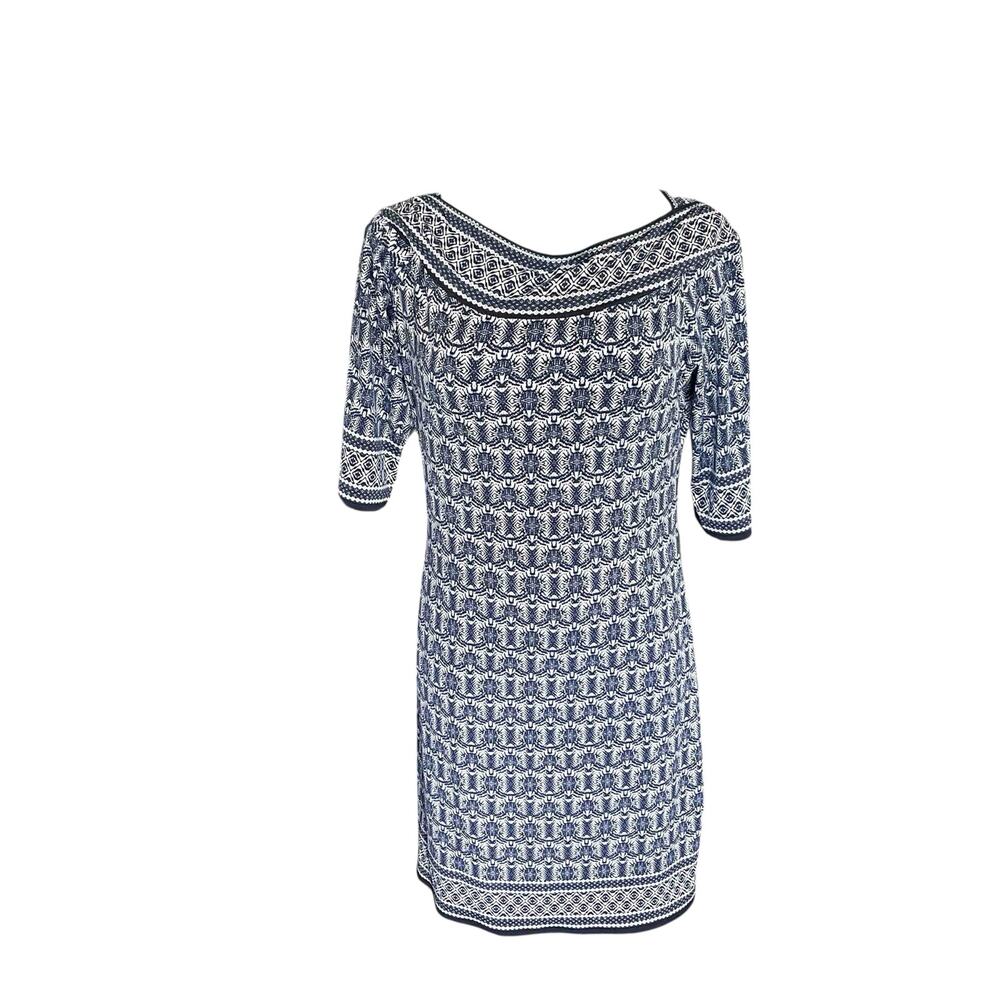 NWT Max Studio Women's Boat Neck Stretch Shift Mini Dress Blue Art Deco Size L
